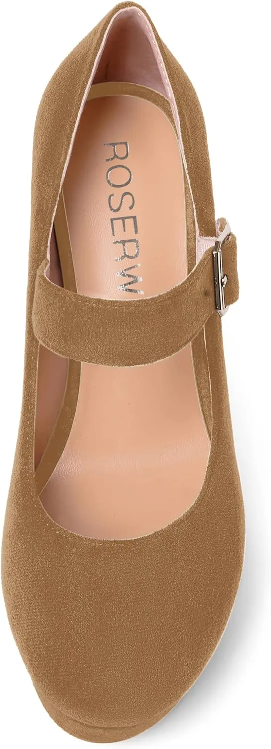 ROSERWISH Womens Sexy Suede Buckle Platform Mary Jane Ankle Strap Round Toe Wedding Dressy Wedge High Heel Pumps Shoes 4 Inch