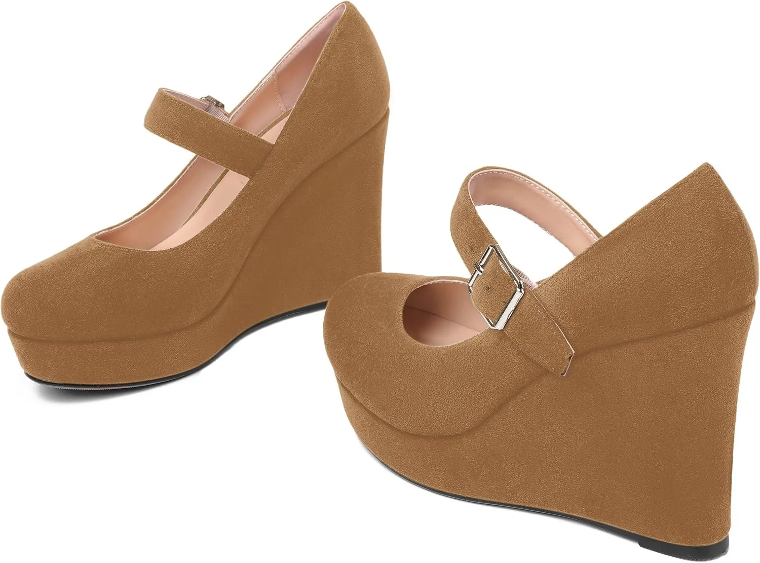 ROSERWISH Womens Sexy Suede Buckle Platform Mary Jane Ankle Strap Round Toe Wedding Dressy Wedge High Heel Pumps Shoes 4 Inch