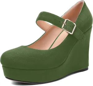 ROSERWISH Womens Sexy Suede Buckle Platform Mary Jane Ankle Strap Round Toe Wedding Dressy Wedge High Heel Pumps Shoes 4 Inch