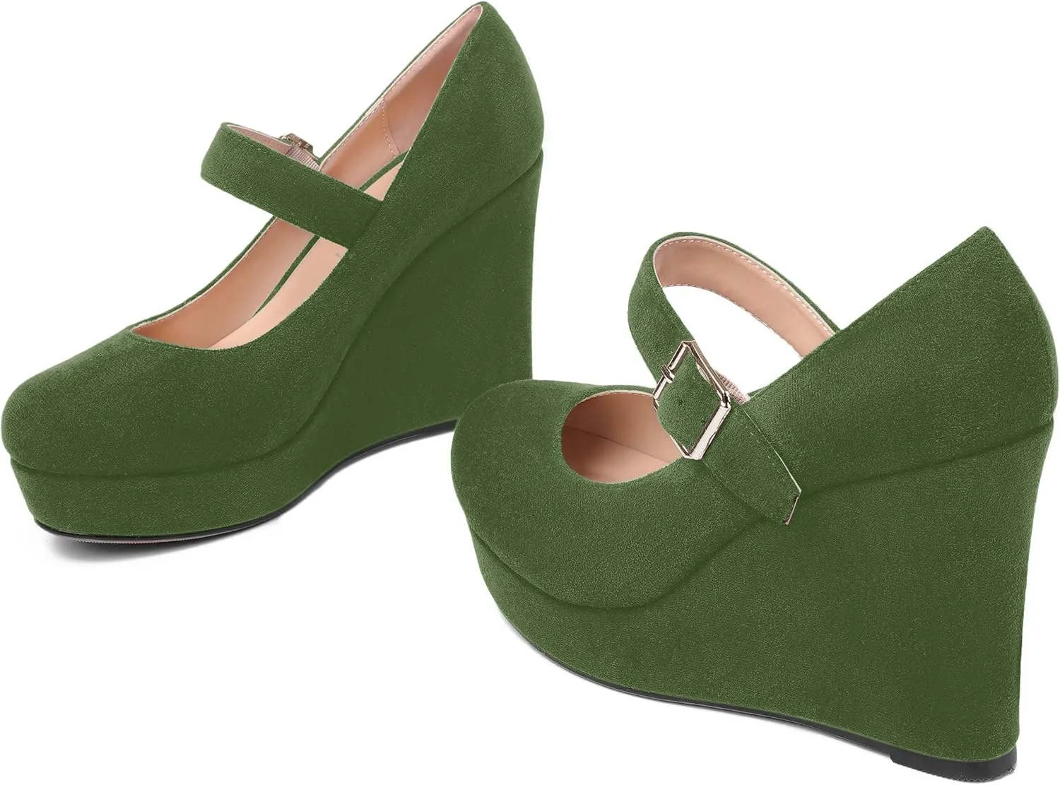 ROSERWISH Womens Sexy Suede Buckle Platform Mary Jane Ankle Strap Round Toe Wedding Dressy Wedge High Heel Pumps Shoes 4 Inch