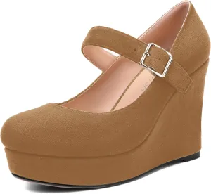 ROSERWISH Womens Sexy Suede Buckle Platform Mary Jane Ankle Strap Round Toe Wedding Dressy Wedge High Heel Pumps Shoes 4 Inch
