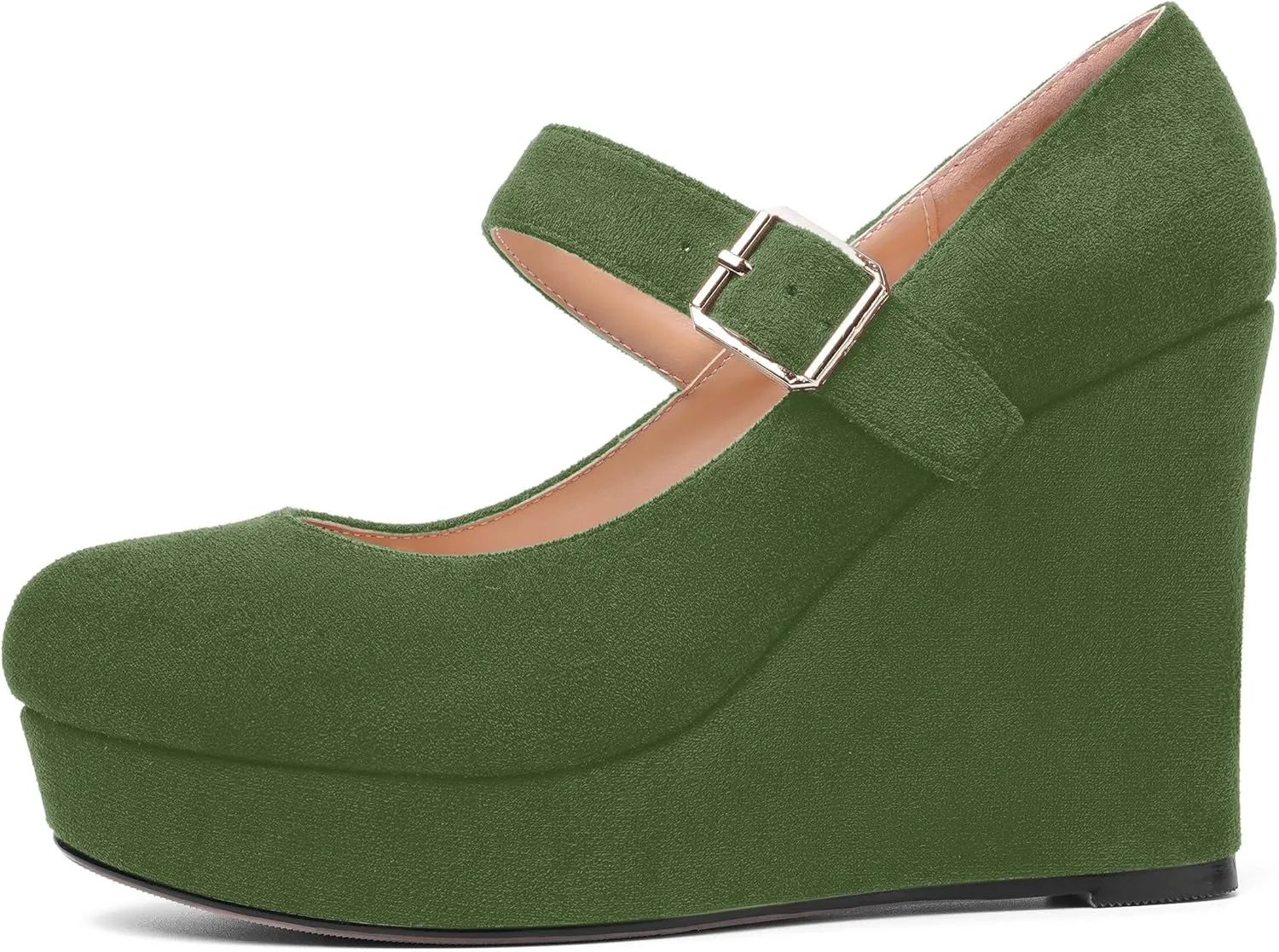 ROSERWISH Womens Sexy Suede Buckle Platform Mary Jane Ankle Strap Round Toe Wedding Dressy Wedge High Heel Pumps Shoes 4 Inch