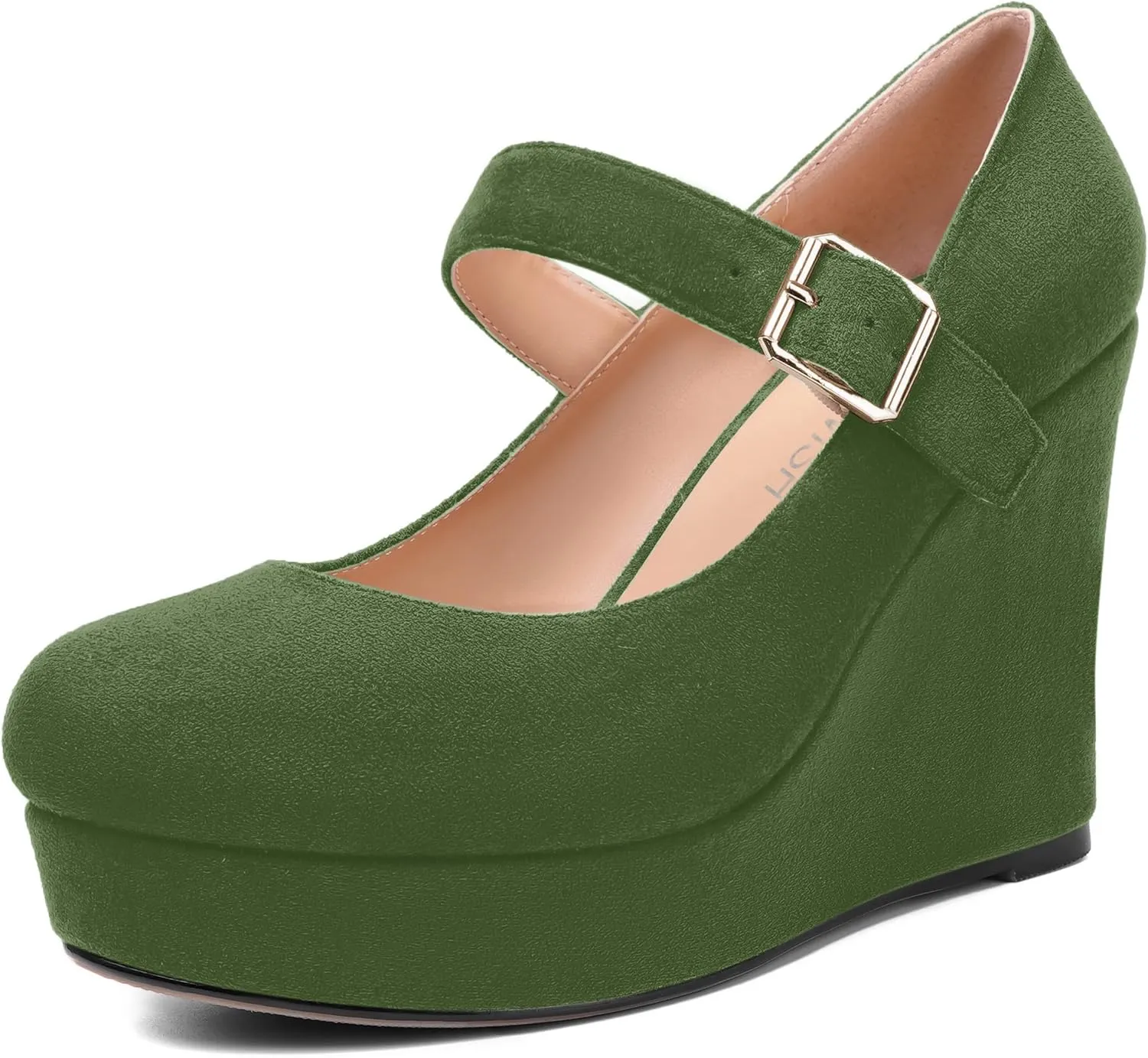 ROSERWISH Womens Sexy Suede Buckle Platform Mary Jane Ankle Strap Round Toe Wedding Dressy Wedge High Heel Pumps Shoes 4 Inch