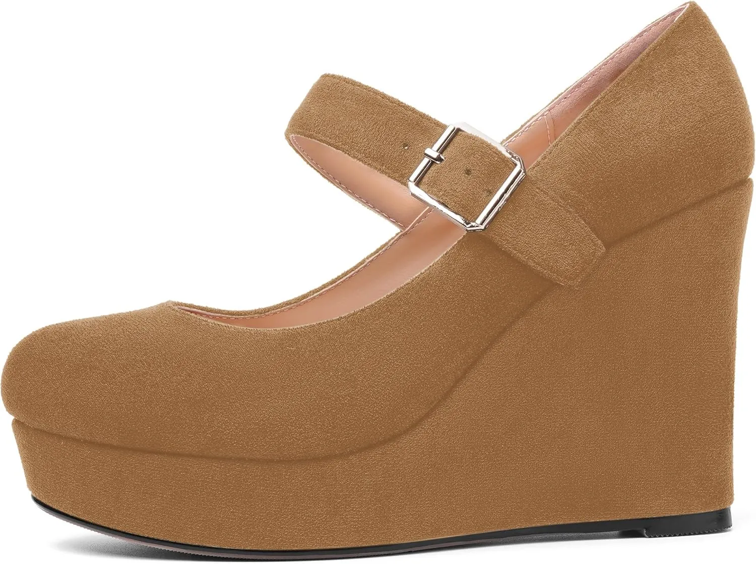 ROSERWISH Womens Sexy Suede Buckle Platform Mary Jane Ankle Strap Round Toe Wedding Dressy Wedge High Heel Pumps Shoes 4 Inch