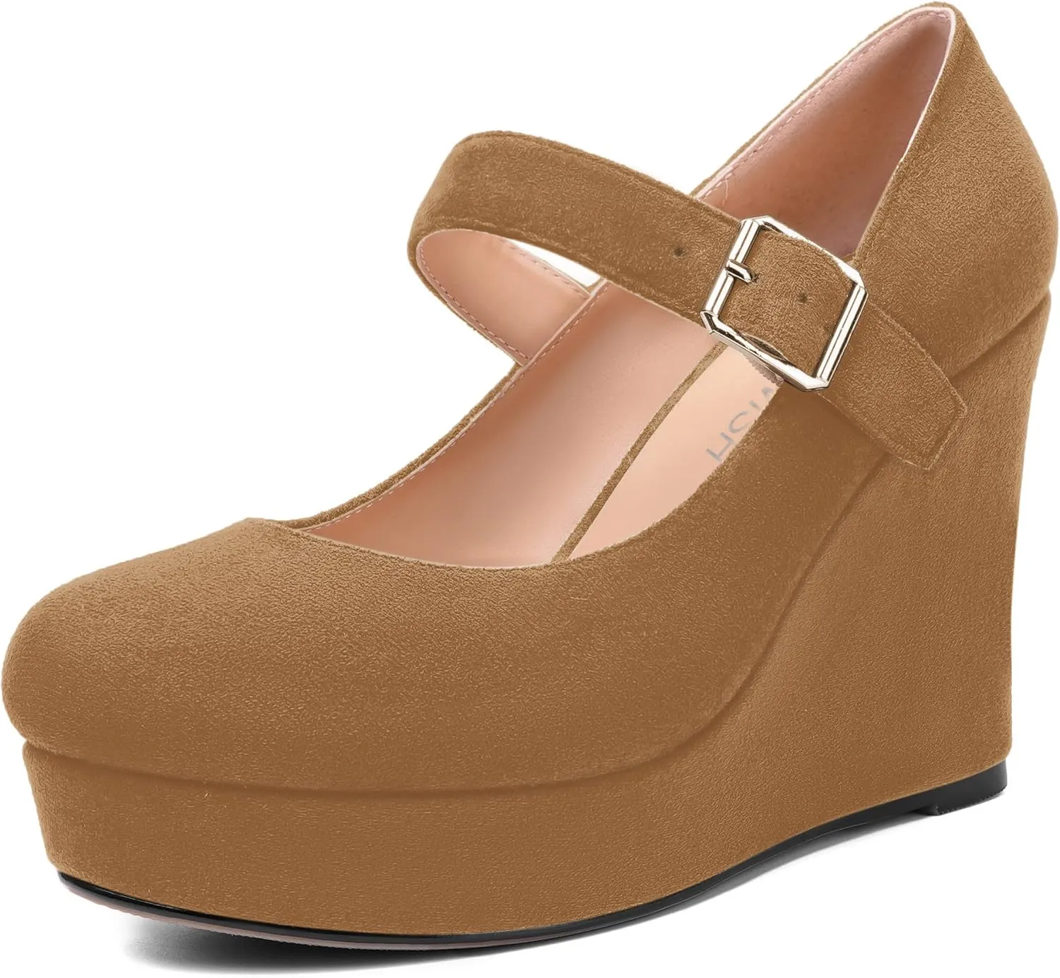 ROSERWISH Womens Sexy Suede Buckle Platform Mary Jane Ankle Strap Round Toe Wedding Dressy Wedge High Heel Pumps Shoes 4 Inch