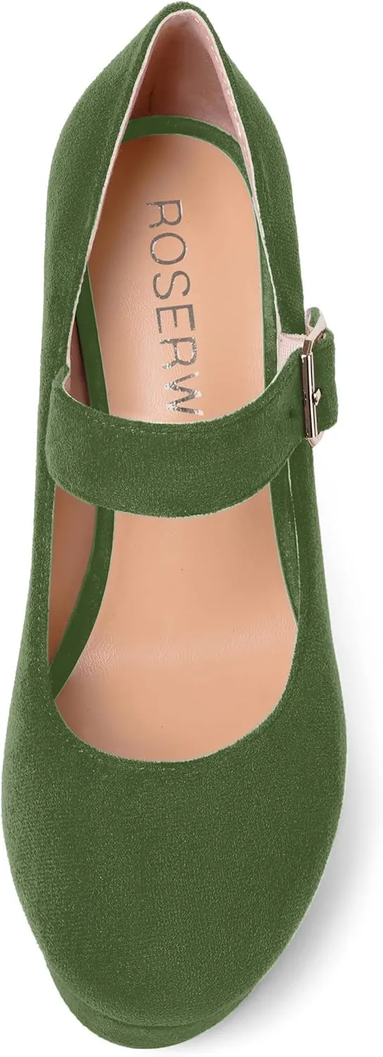 ROSERWISH Womens Sexy Suede Buckle Platform Mary Jane Ankle Strap Round Toe Wedding Dressy Wedge High Heel Pumps Shoes 4 Inch