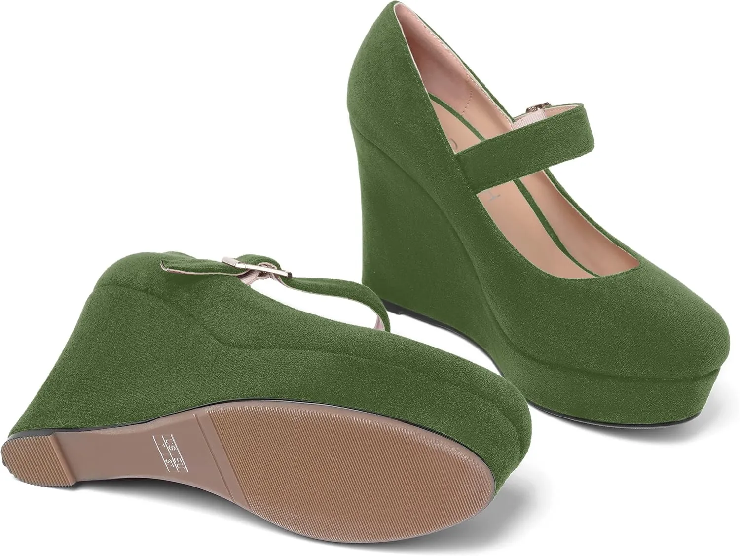 ROSERWISH Womens Sexy Suede Buckle Platform Mary Jane Ankle Strap Round Toe Wedding Dressy Wedge High Heel Pumps Shoes 4 Inch