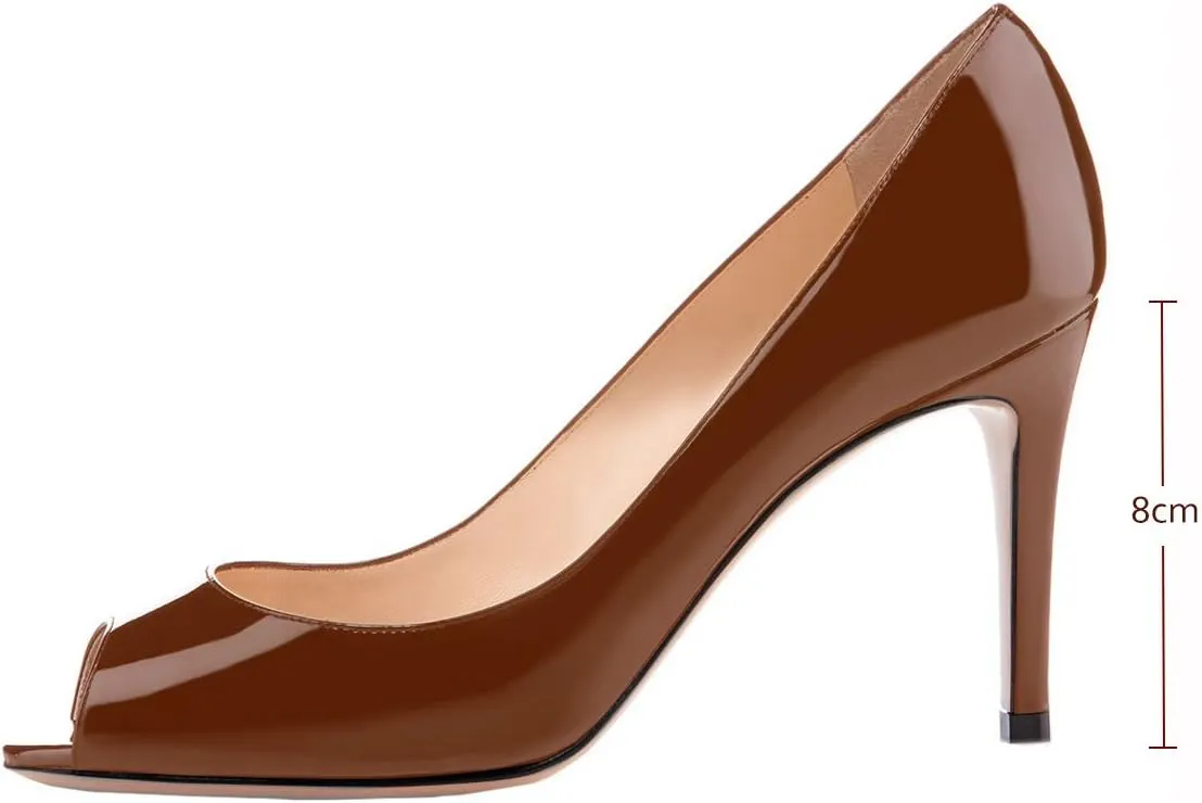 SAMMITOP Women's Peep Toe Pumps 80mm High Heel Shoes Slip On Patent Pumps Formal Shoes