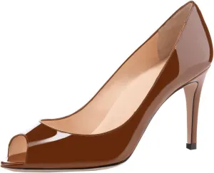 SAMMITOP Women's Peep Toe Pumps 80mm High Heel Shoes Slip On Patent Pumps Formal Shoes