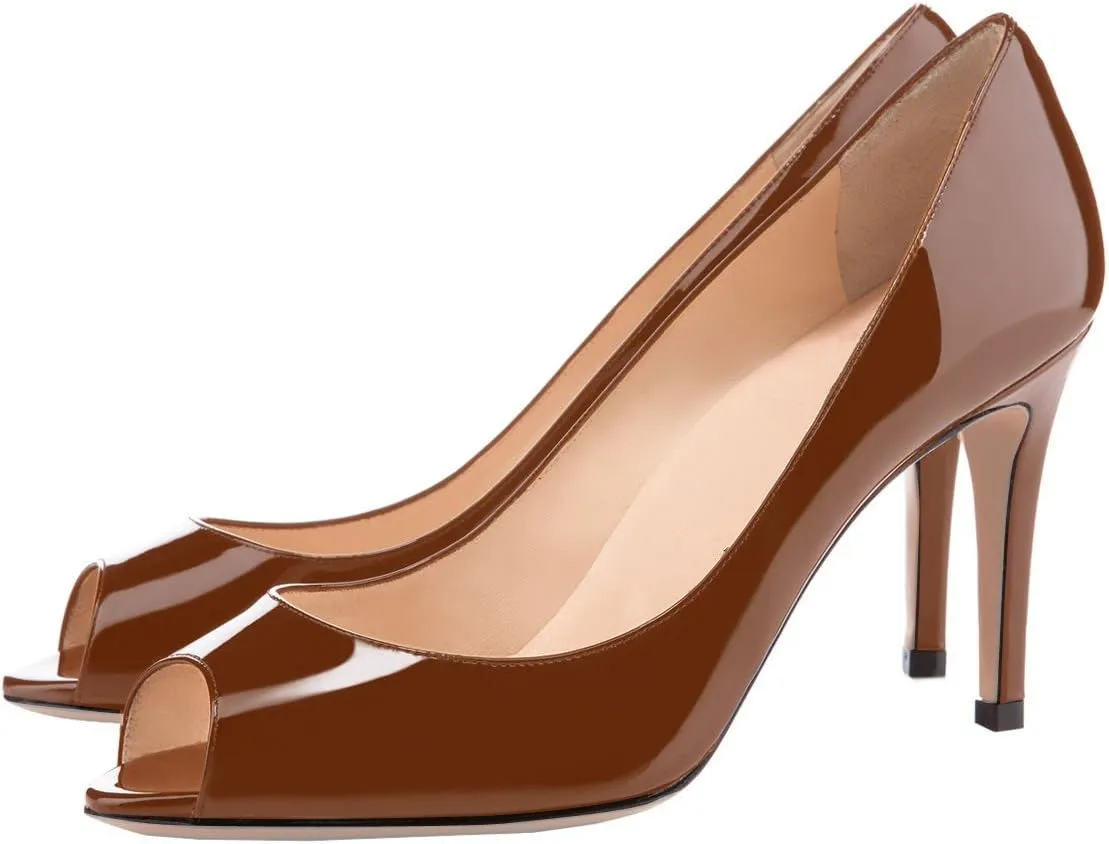 SAMMITOP Women's Peep Toe Pumps 80mm High Heel Shoes Slip On Patent Pumps Formal Shoes