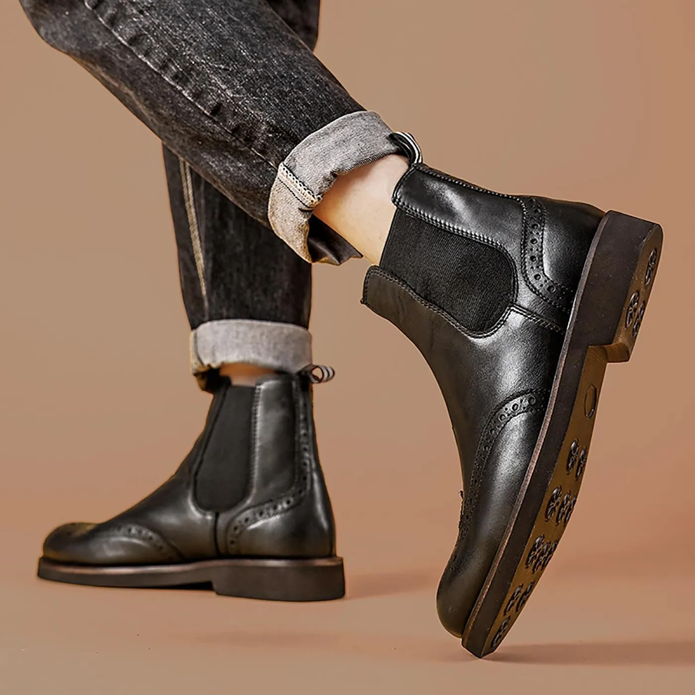 Santimon Chelsea Boots Mens Dress Casual Genuine Leather Handmade Wingtips Brogues Boots Fashion Formal Ankle Boots for Men