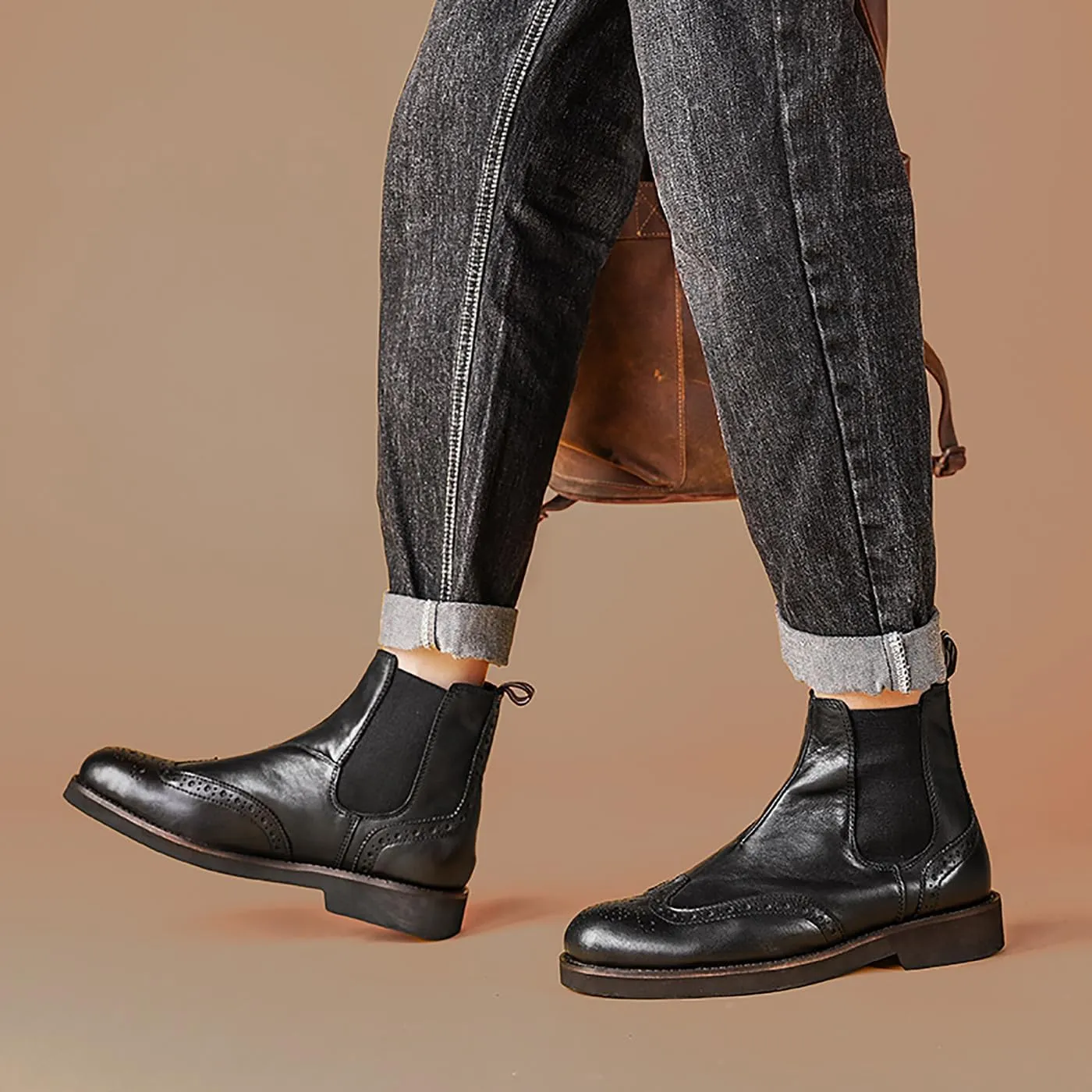 Santimon Chelsea Boots Mens Dress Casual Genuine Leather Handmade Wingtips Brogues Boots Fashion Formal Ankle Boots for Men