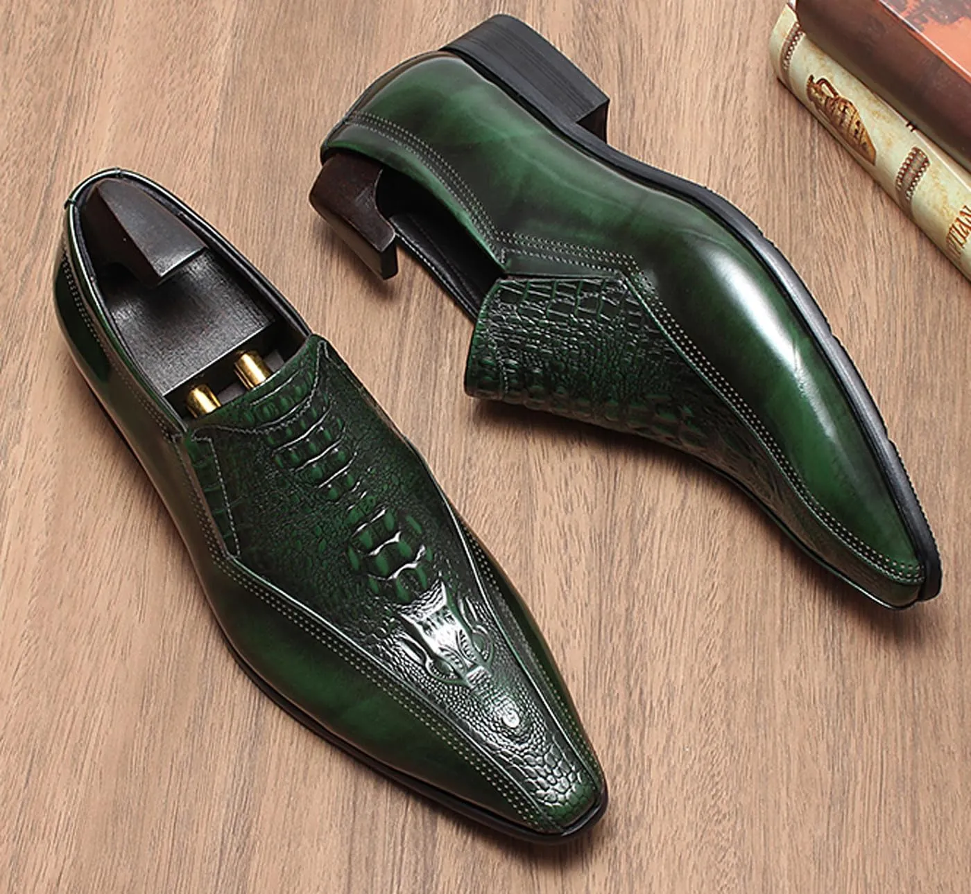 Santimon Mens Leather Slip-On Loafers | Pointed Toe Crocodile Texture Business Casual Dress Shoes| Breathable Comfort Office Penny Loafers