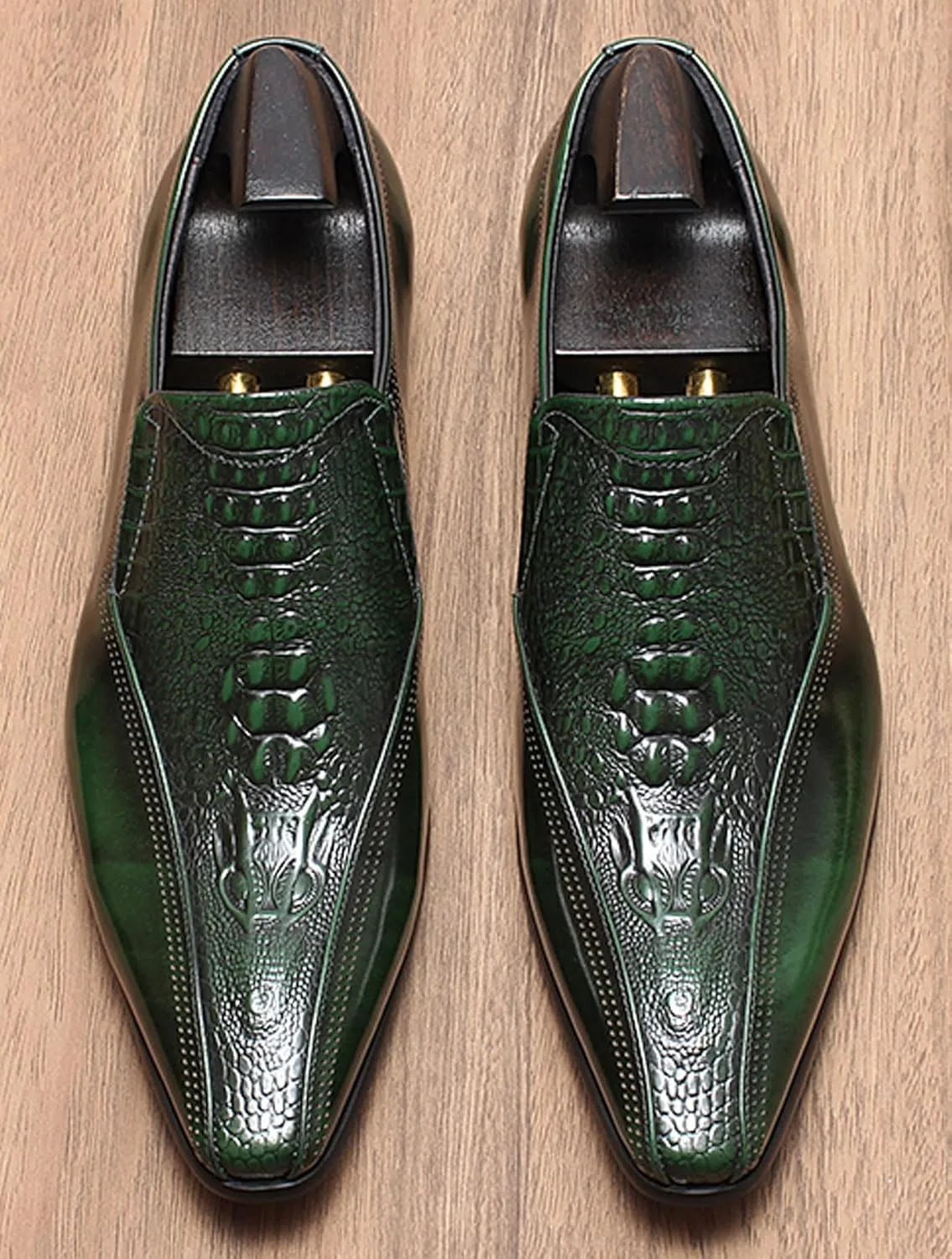 Santimon Mens Leather Slip-On Loafers | Pointed Toe Crocodile Texture Business Casual Dress Shoes| Breathable Comfort Office Penny Loafers