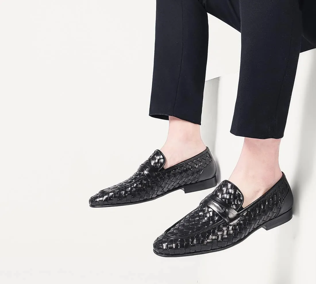 Santimon Mens Loafers Woven Leather Wedding Party Shoes for Men Driving Slip-on Causal Business Dress Shoes