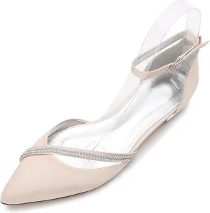 Satin Rhinestones Wedding Shoes for Bride Flats Pointed Toe Formal Dress Shoes Flats