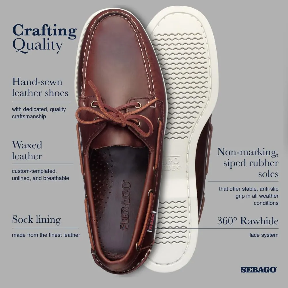 Sebago Portland Waxed Boat Shoes - Handsewn Waxed Leather Moccasins with Leather Sock Lining and Non-Marking, Slip-Resistant Rubber Outsoles