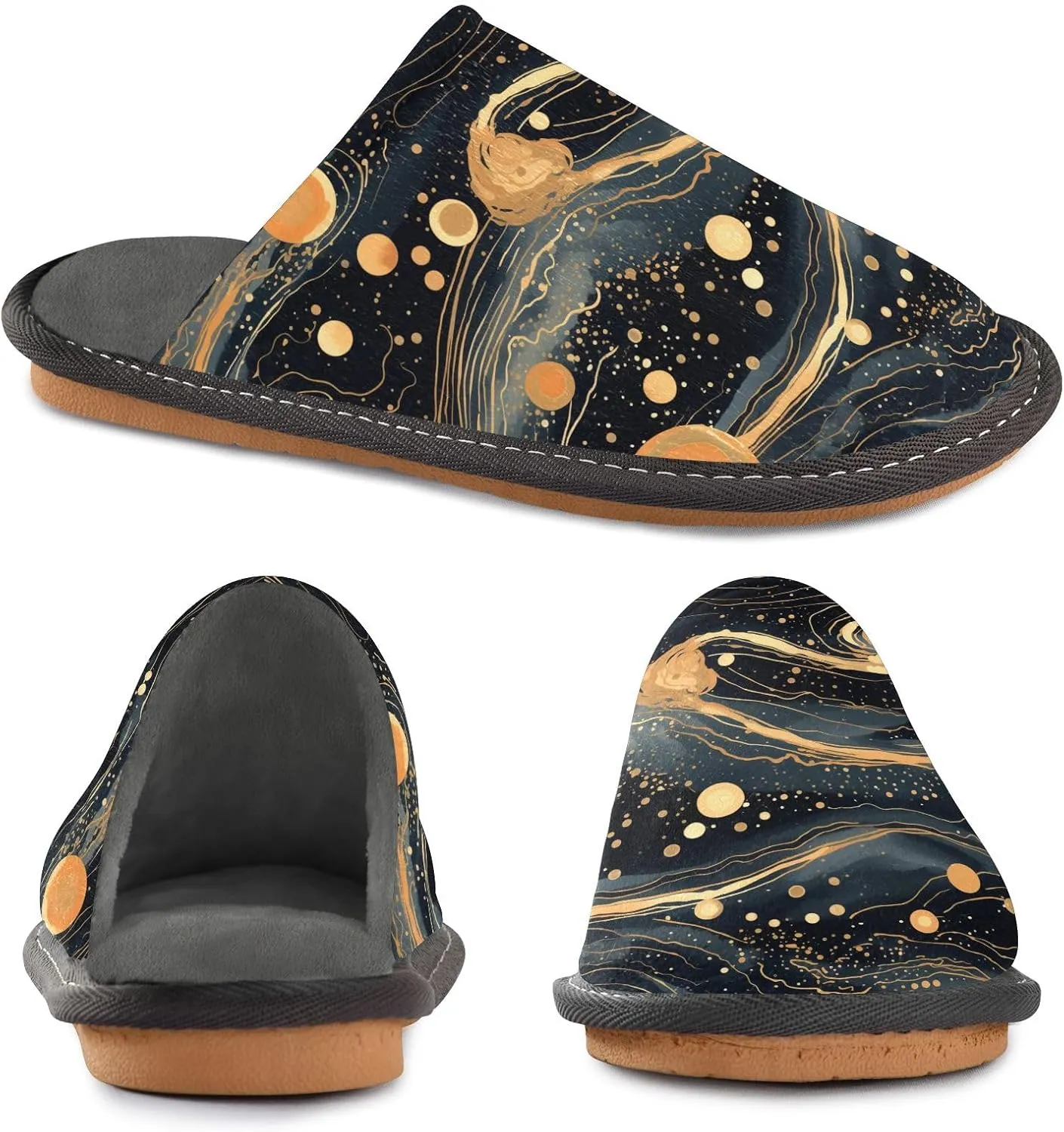 senya Cosmic Galaxy Gold Marbled Fuzzy Slippers Soft Home Bedroom Slippers for Women Men House Shoes