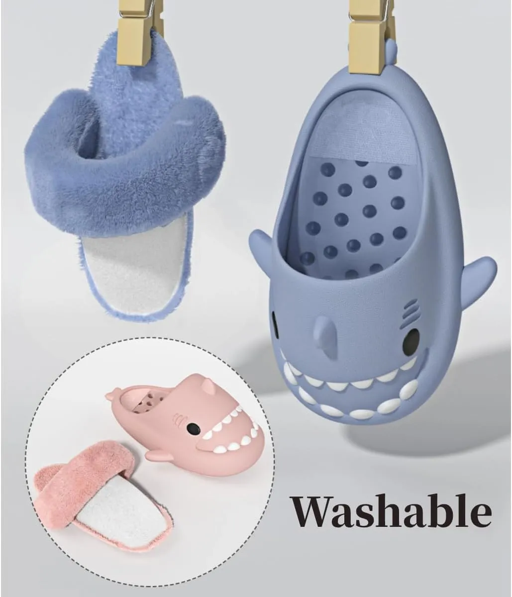 Shark Fuzzy Slippers Women Men Cute Cartoon Plush Fluffy House Shoes Memory Foam Winter Warm Slippers Indoor