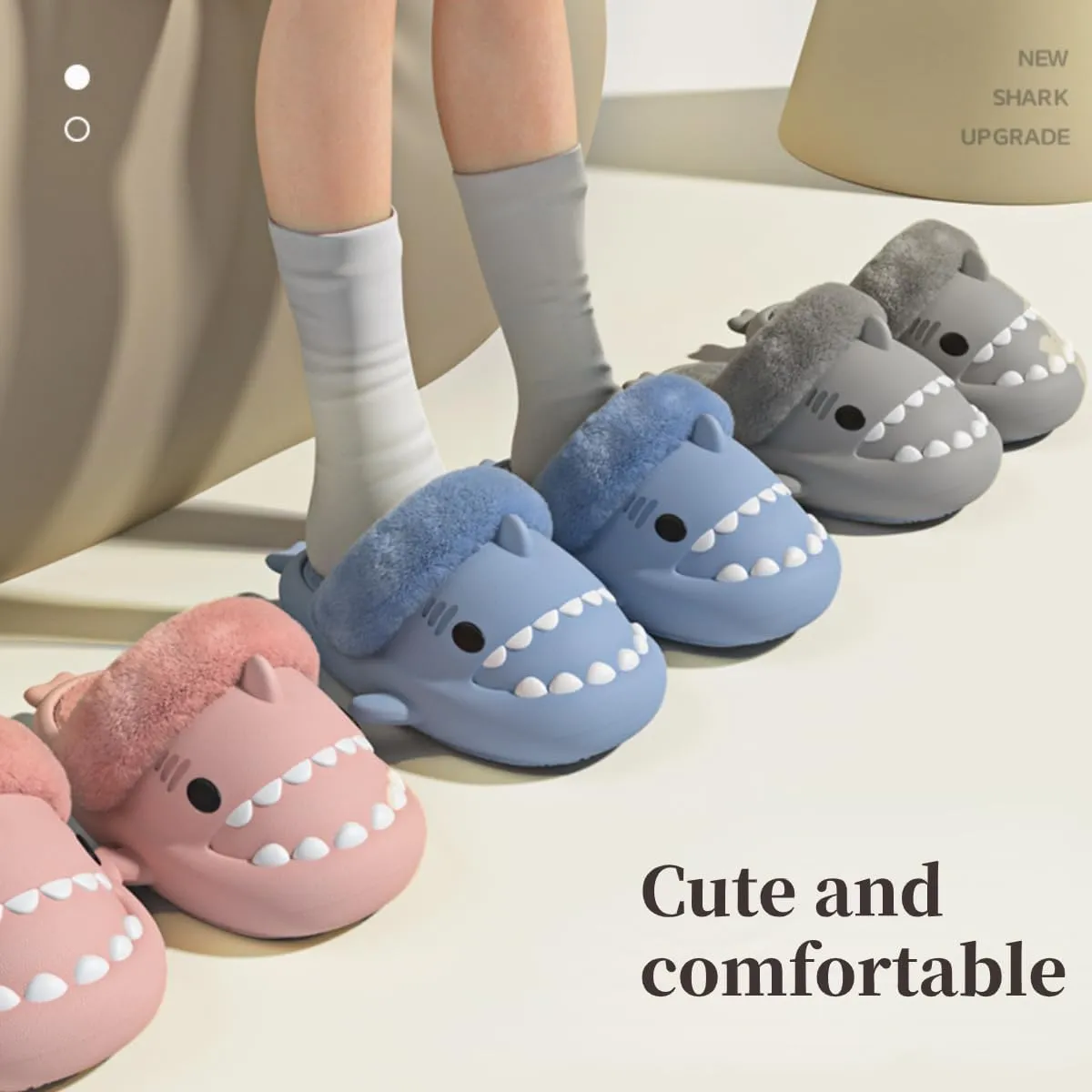 Shark Fuzzy Slippers Women Men Cute Cartoon Plush Fluffy House Shoes Memory Foam Winter Warm Slippers Indoor