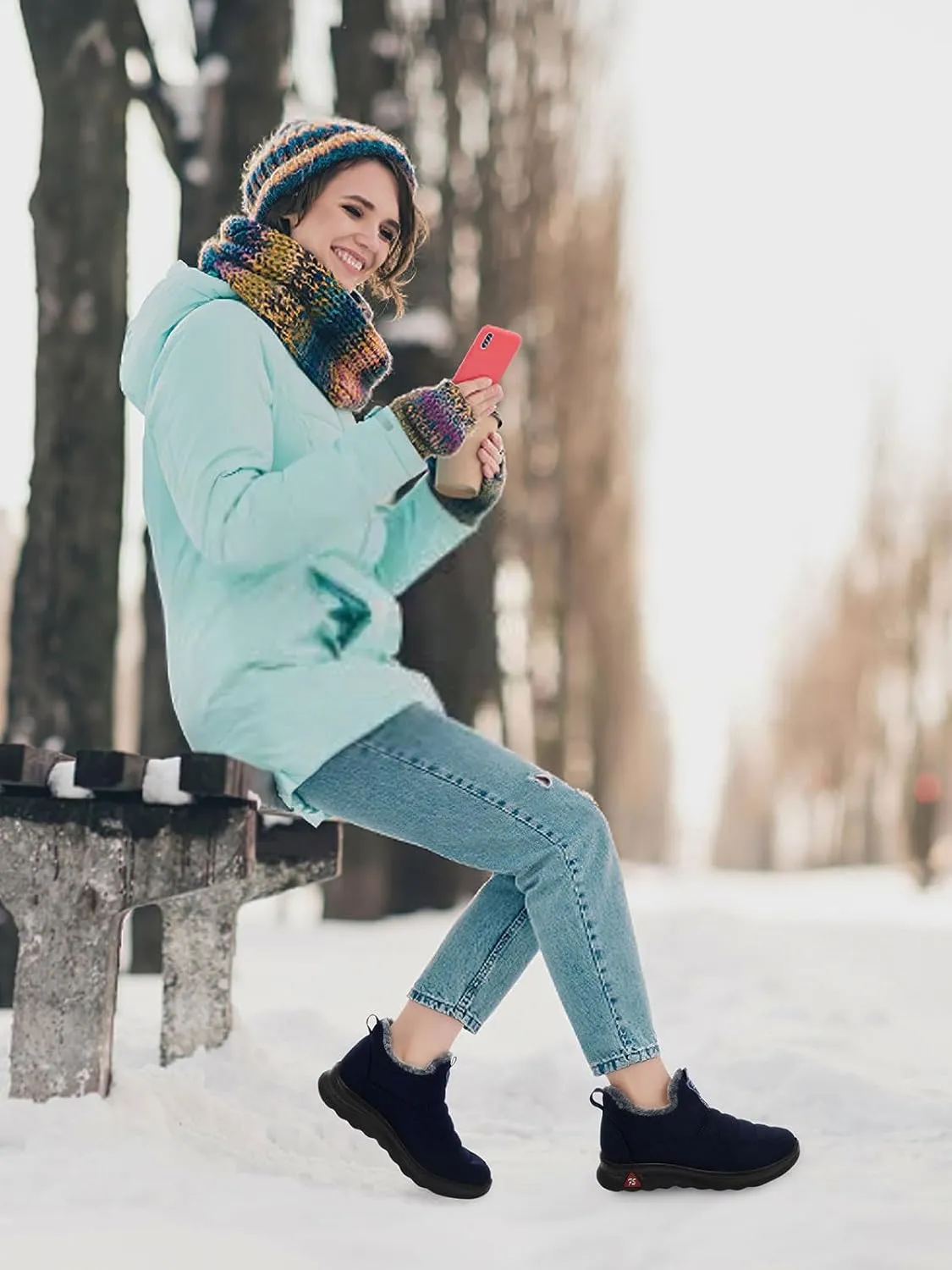 SHIBEVER Winter Boots for Women: Black Warm Fur Lined Slip on Ankle Snow Boots Comfortable Waterproof Outdoor Shoes Size