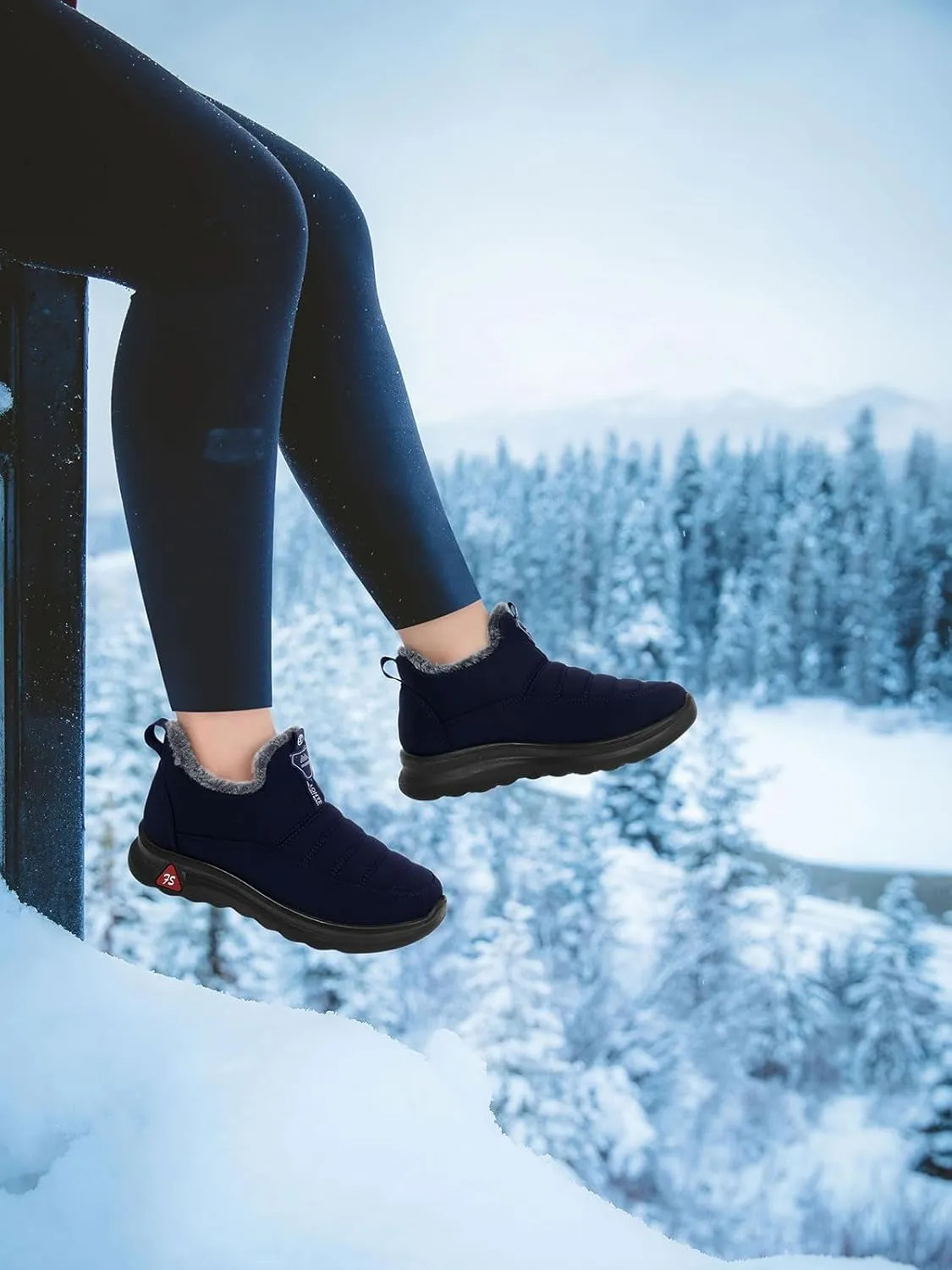 SHIBEVER Winter Boots for Women: Black Warm Fur Lined Slip on Ankle Snow Boots Comfortable Waterproof Outdoor Shoes Size
