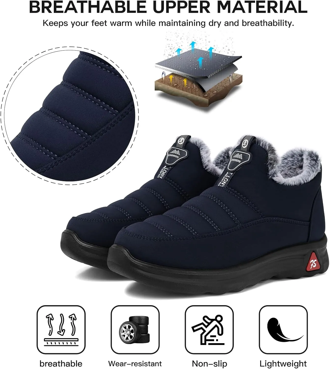SHIBEVER Winter Boots for Women: Black Warm Fur Lined Slip on Ankle Snow Boots Comfortable Waterproof Outdoor Shoes Size
