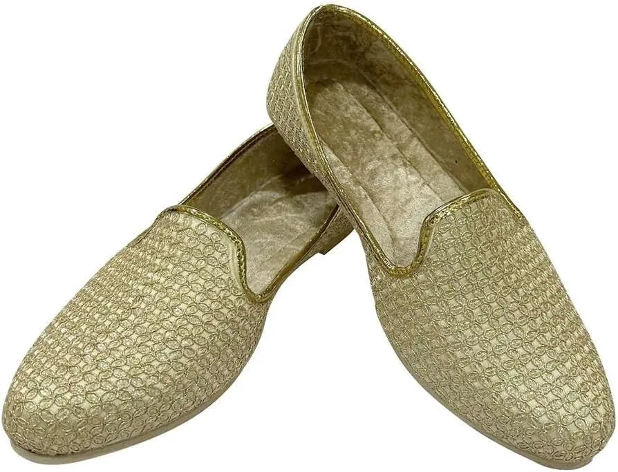 Shoe Bazar Punjabi Jutti for Men's Traditional Mojaris Shoes Cream Gold Wedding for Groom Indian Handmade Ethnic Jooti