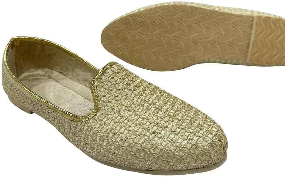Shoe Bazar Punjabi Jutti for Men's Traditional Mojaris Shoes Cream Gold Wedding for Groom Indian Handmade Ethnic Jooti