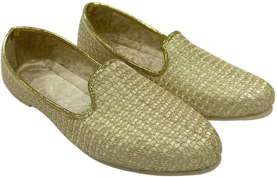 Shoe Bazar Punjabi Jutti for Men's Traditional Mojaris Shoes Cream Gold Wedding for Groom Indian Handmade Ethnic Jooti