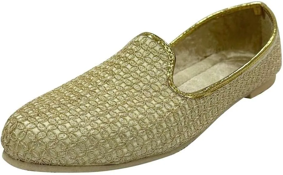 Shoe Bazar Punjabi Jutti for Men's Traditional Mojaris Shoes Cream Gold Wedding for Groom Indian Handmade Ethnic Jooti