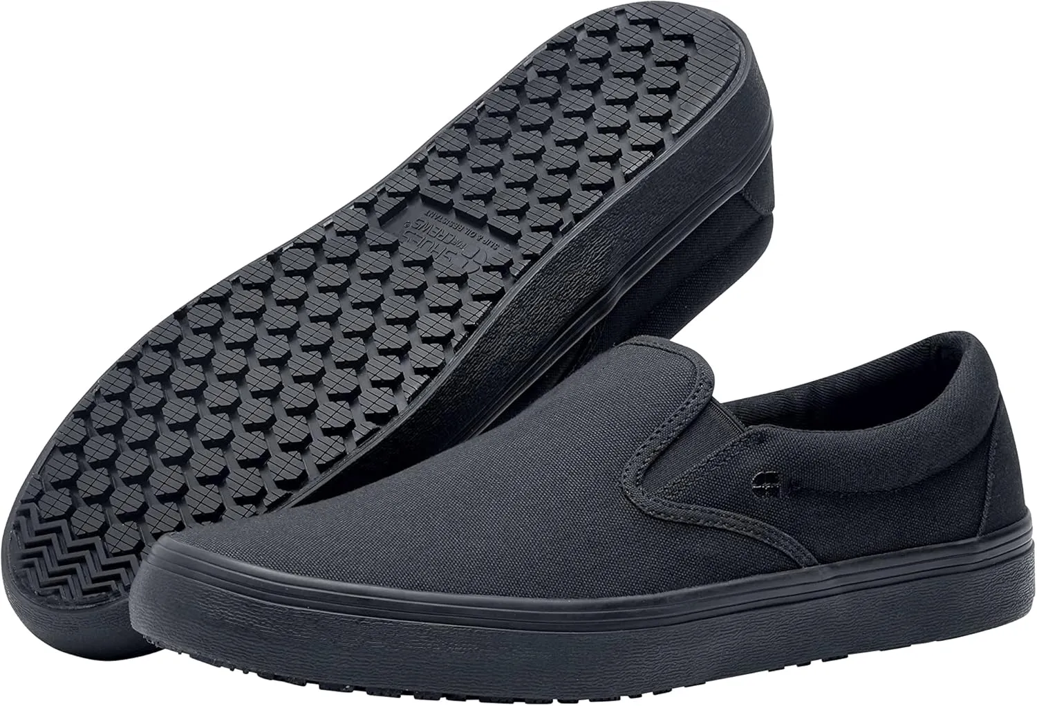 Shoes for Crews Merlin, Slip-On, Men's, Women's, Unisex, Slip Resistant Work Shoes, Black Canvas, Men's Size 10.5, Women's Size 12