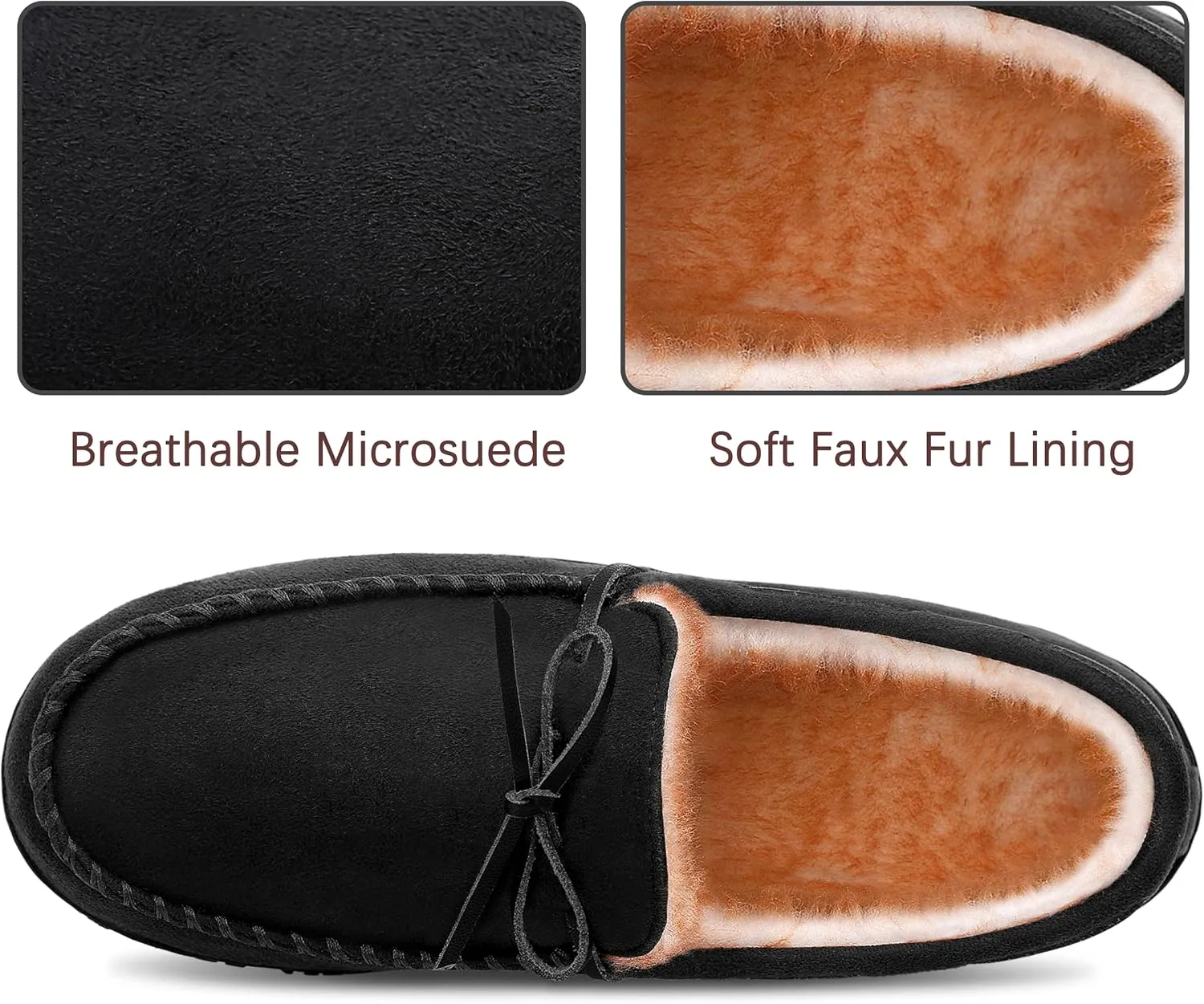 shoeslocker Men's Slippers Warm Soft Plush Memory Foam House Slippers for Men Comfortable Bedroom Moccasin Slippers Non-Slip Indoor Outdoor Black Beige Brown