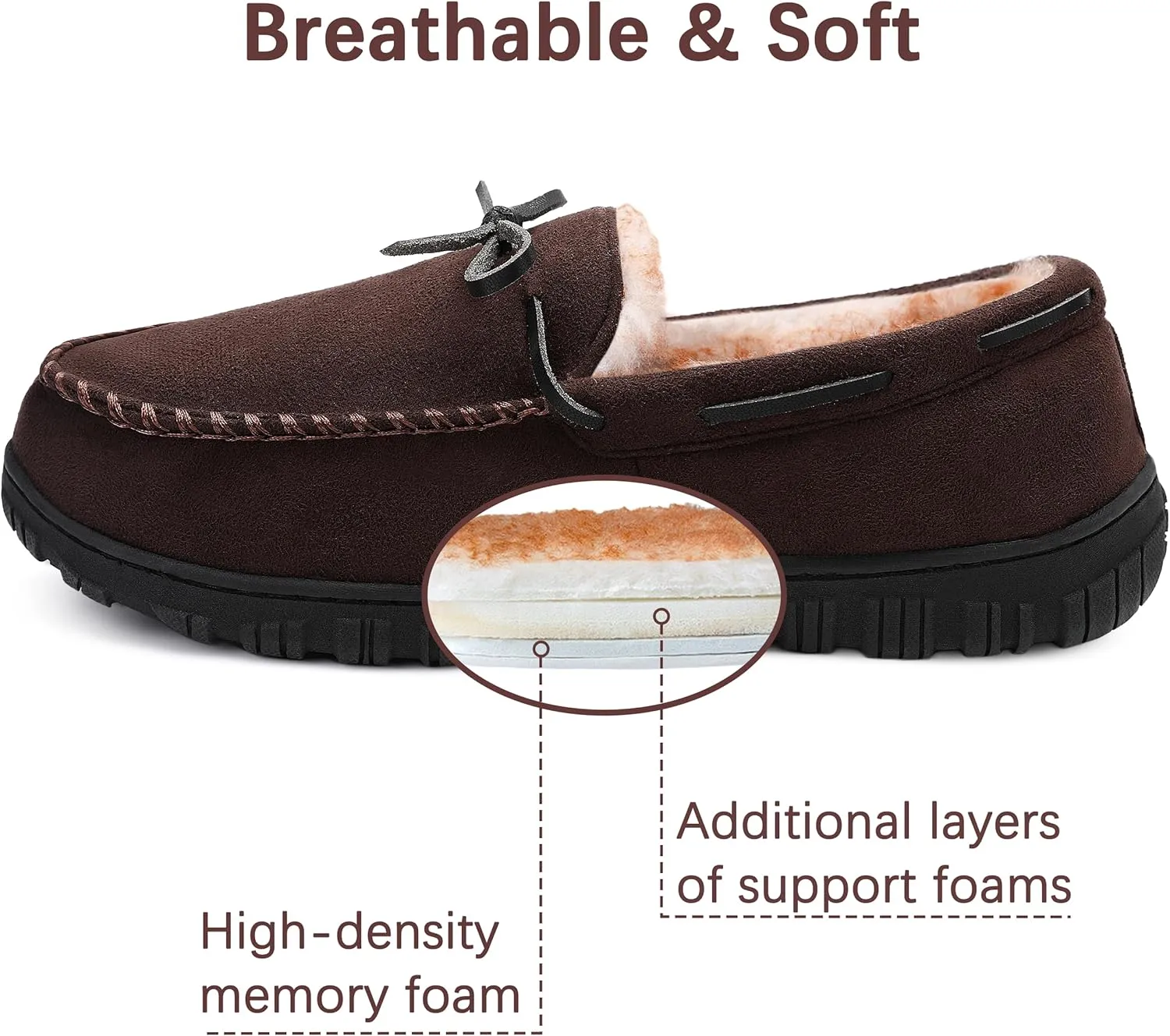 Shoeslocker Men's Warm Soft Plush Memory Foam House Moccasin Slippers - Comfortable Non-Slip Indoor/Outdoor - Black, Beige, Brown