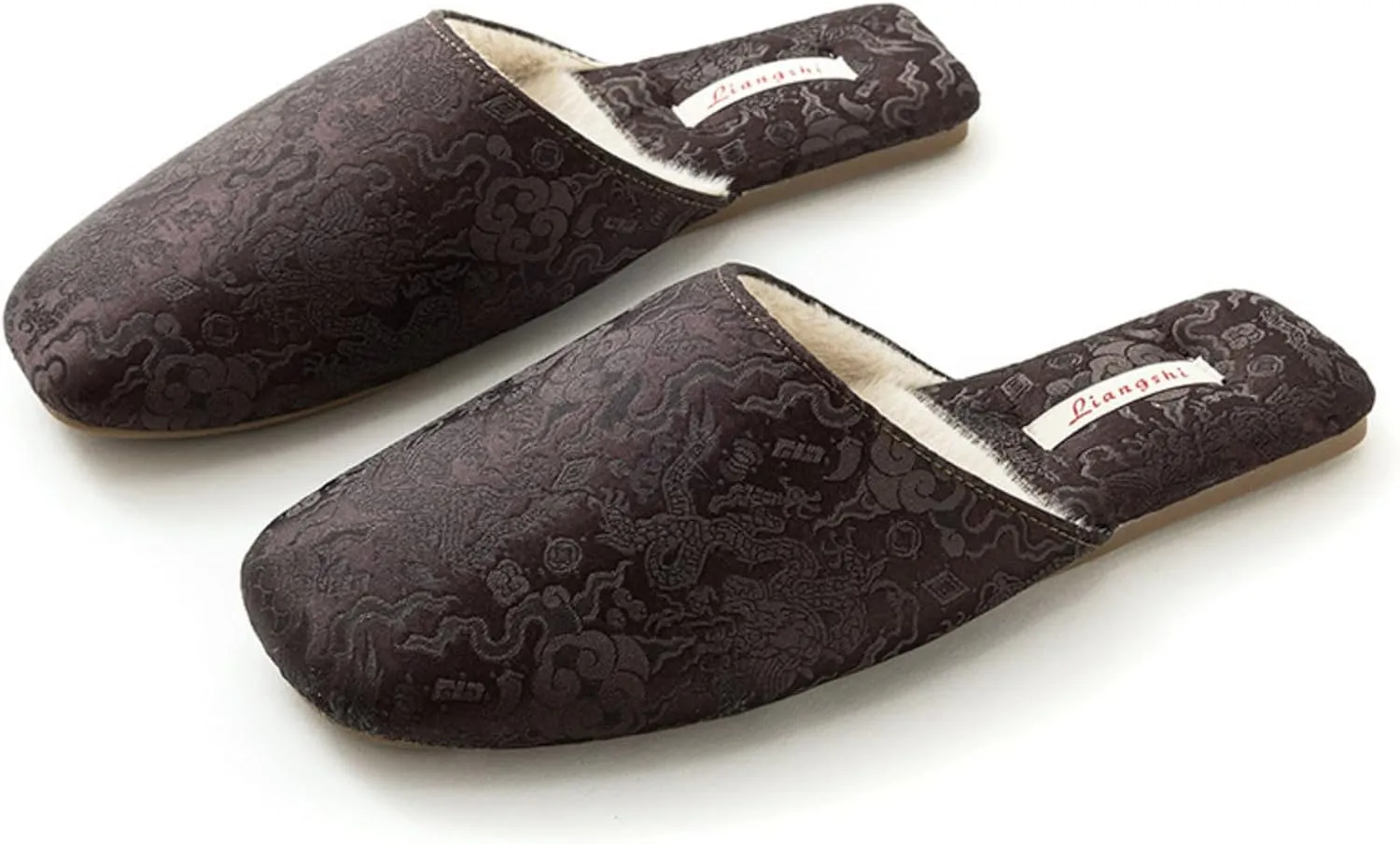 Silk Embroidered Slippers for Women Retro Brocade Upper Fuzzy Linen insole Soft TPR Anti-Slip Soles Indoor Slippers