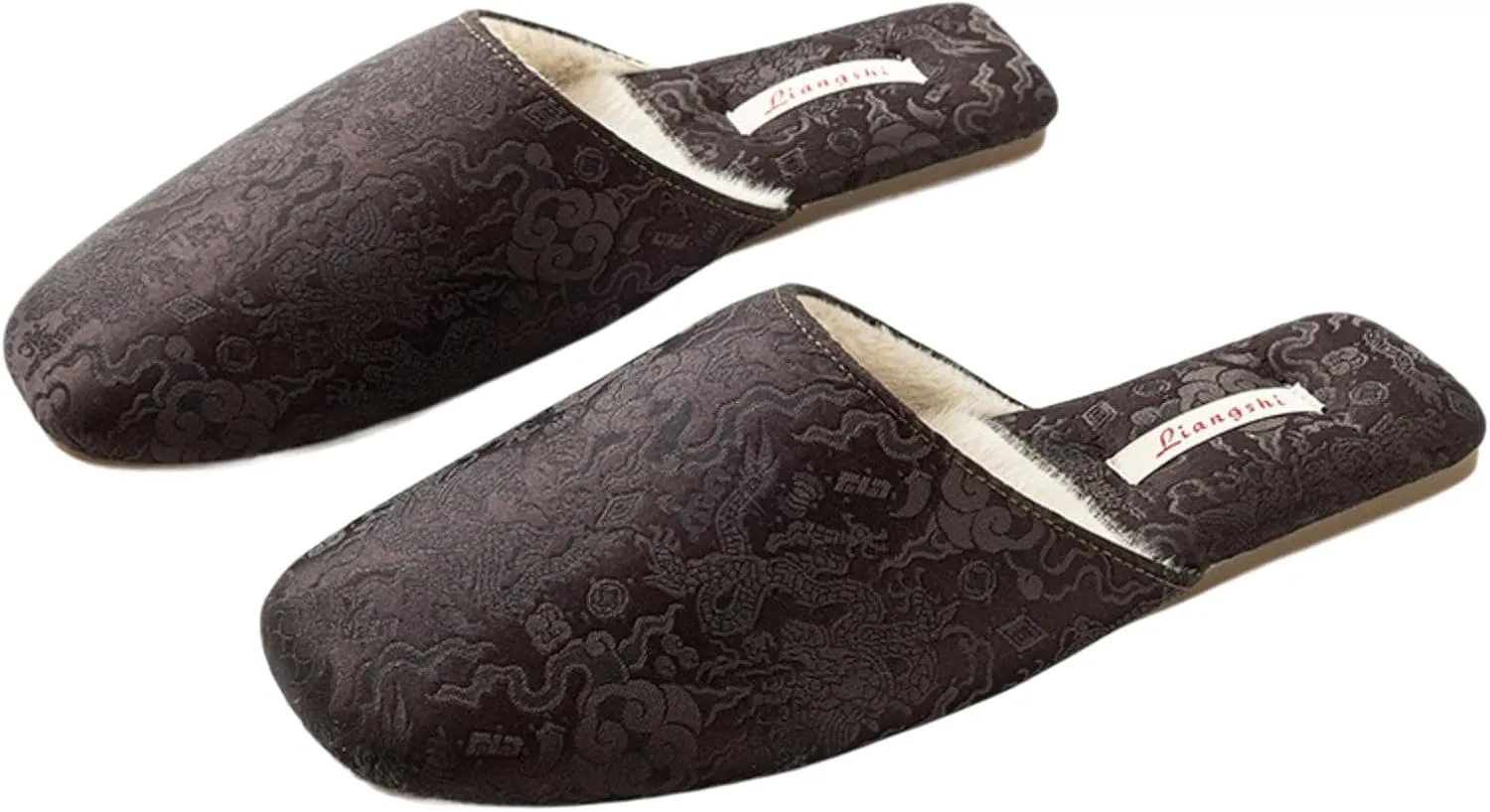 Silk Embroidered Slippers for Women Retro Brocade Upper Fuzzy Linen insole Soft TPR Anti-Slip Soles Indoor Slippers