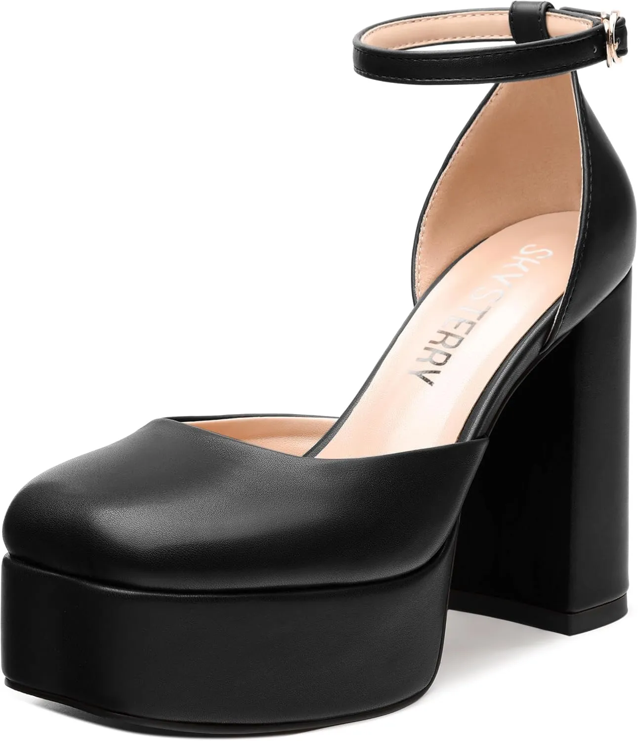 SKYSTERRY Women's Platform Heels 4.3-Inch High Block Chunky Square Closed Toe Pumps Ankle Strap Matte Dress Wedding Party Shoes