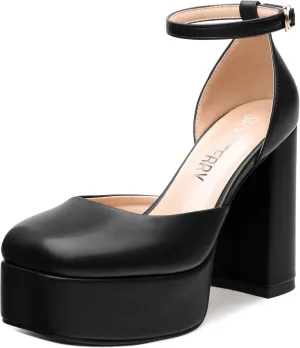 SKYSTERRY Women's Platform Heels 4.3-Inch High Block Chunky Square Closed Toe Pumps Ankle Strap Matte Dress Wedding Party Shoes