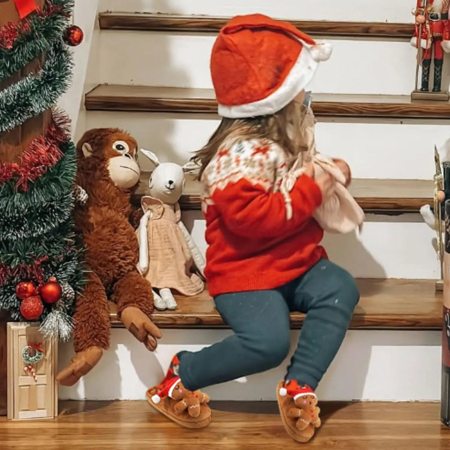 SKYWHEEL Women's Reindeer Slippers - Comfortable Plush Warm Non-Slip Slippers for Christmas, Family, Holiday, Winter, House, Indoor, Outdoor, Bedroom