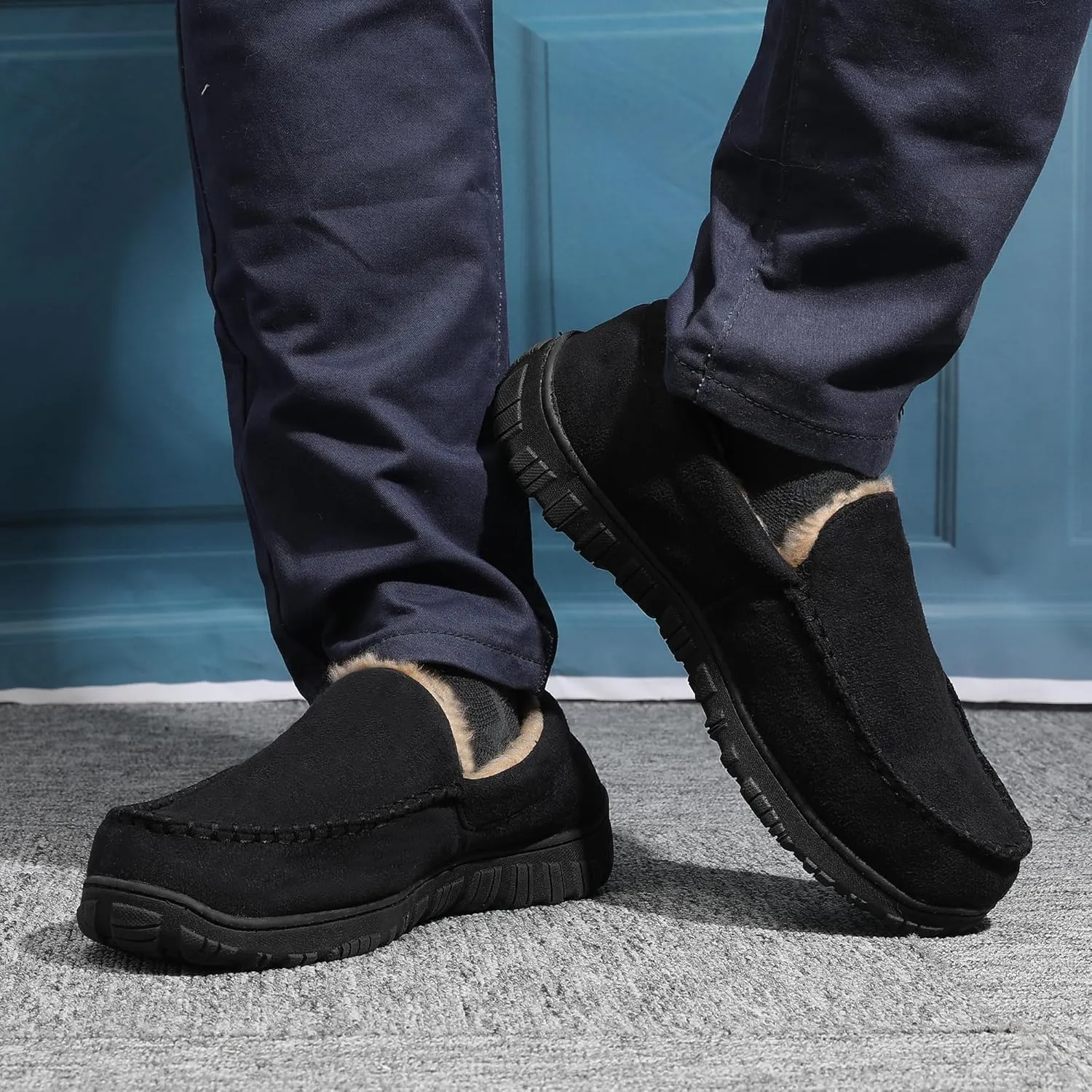 Slippers for Men Mens Moccasin Slippers Fuzzy Memory Foam House Shoes Indoor Outdoor Rubber Sole