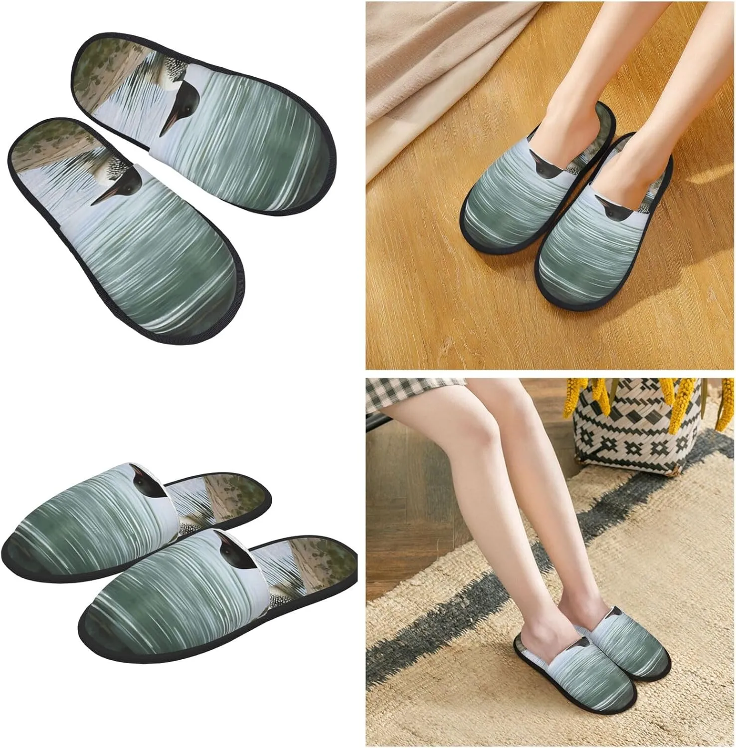 Slippers for Women Men Memory Foam Slippers Loon Nature Birds House Slippers Winter Slides Indoor House Shoes