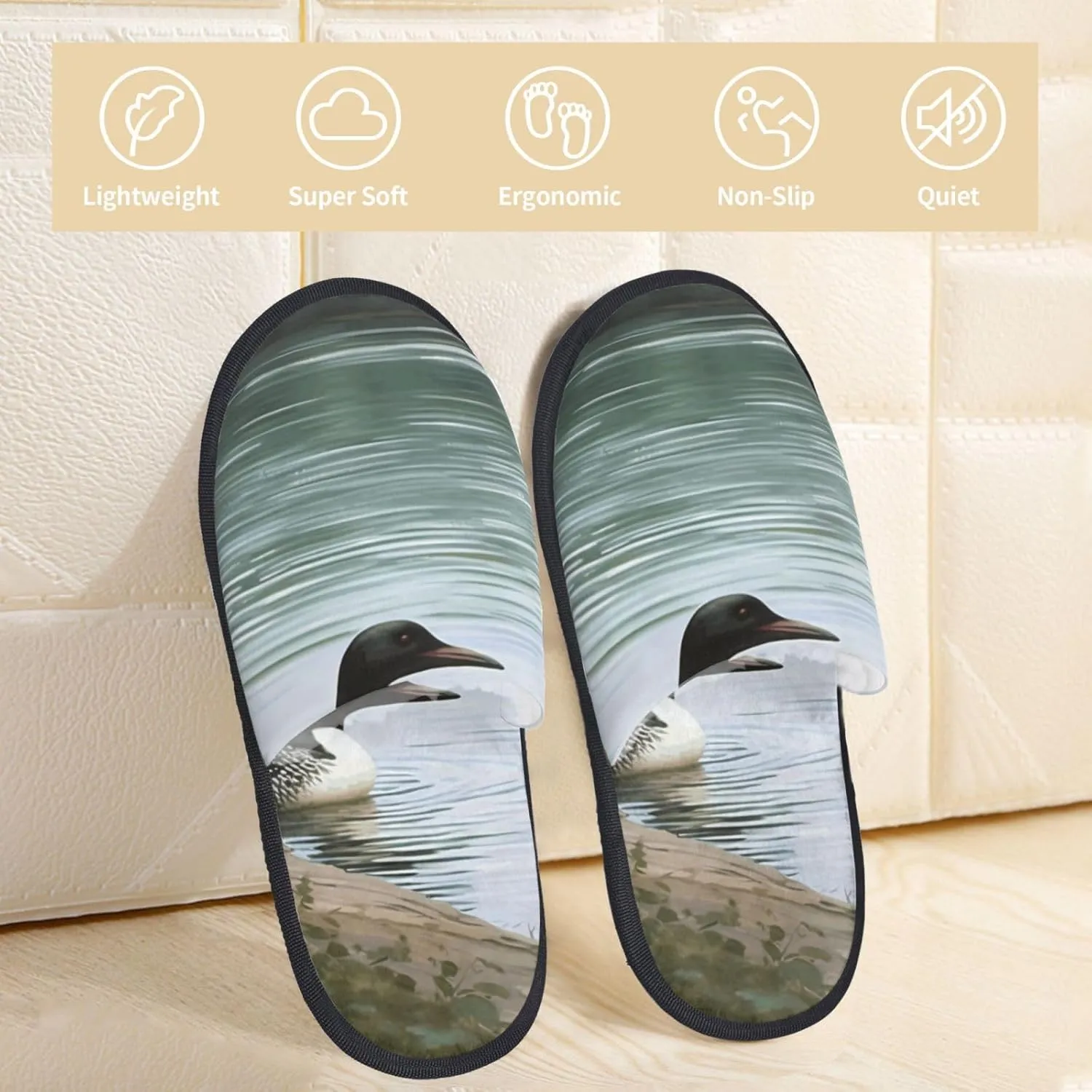 Slippers for Women Men Memory Foam Slippers Loon Nature Birds House Slippers Winter Slides Indoor House Shoes
