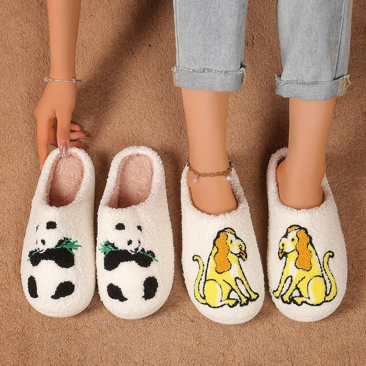 Slippers for Womens Mens Cut Retro Plush Soft Memory Foam House Shoes