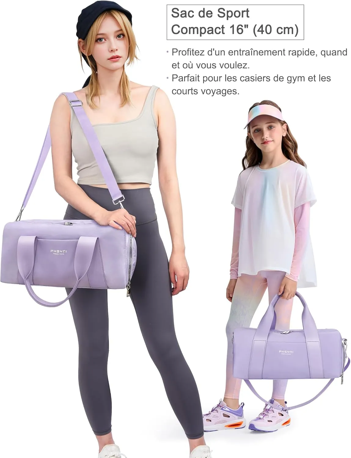 Small Sports Gym Bag for Women Girls Kids Duffle Bag for Fitness Workout, Travel, Dance, Ballet, Swim with Shoes Compartment & Waterproof Pocket, 16" Cute Purple
