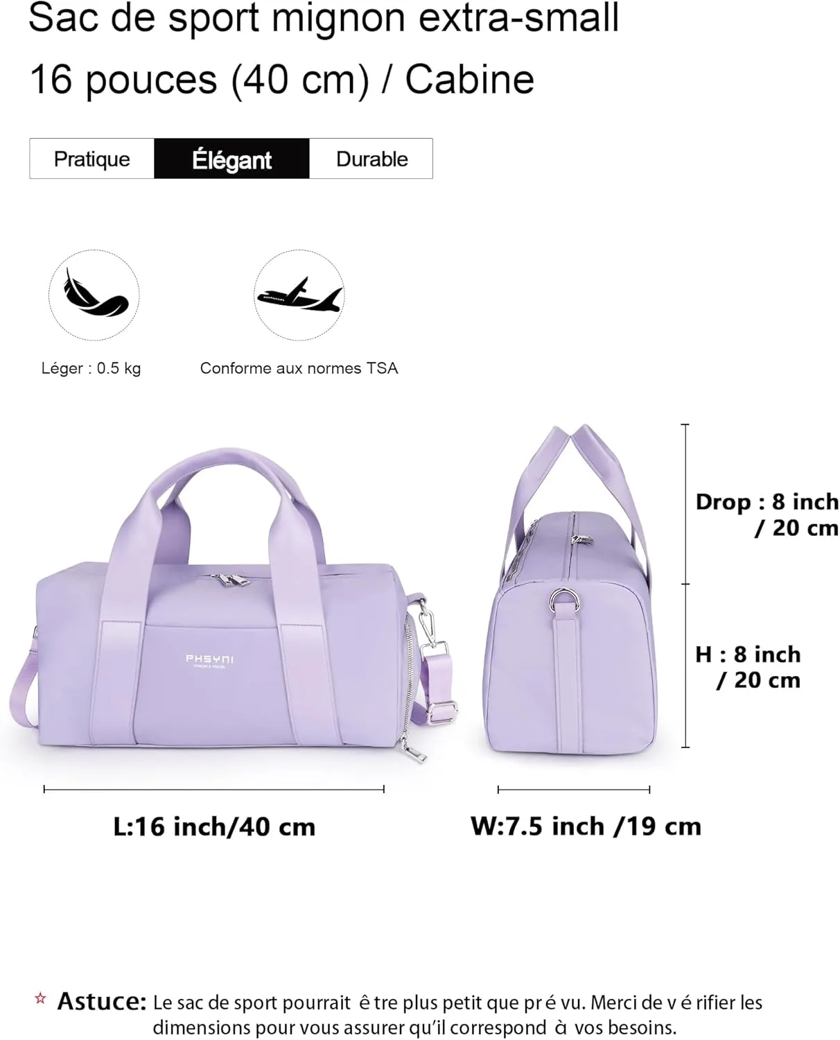 Small Sports Gym Bag for Women Girls Kids Duffle Bag for Fitness Workout, Travel, Dance, Ballet, Swim with Shoes Compartment & Waterproof Pocket, 16" Cute Purple