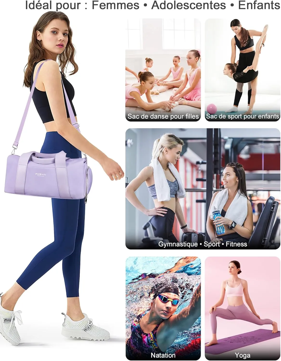Small Sports Gym Bag for Women Girls Kids Duffle Bag for Fitness Workout, Travel, Dance, Ballet, Swim with Shoes Compartment & Waterproof Pocket, 16" Cute Purple