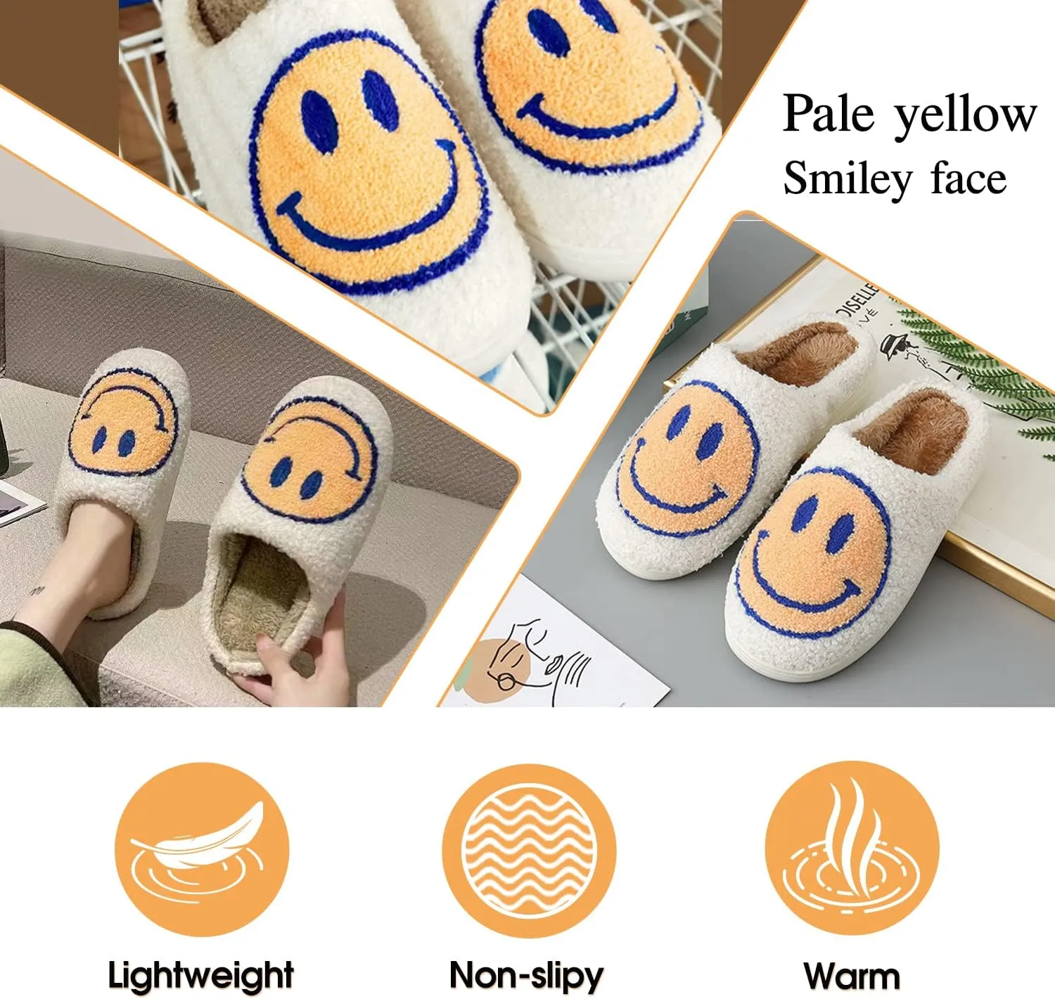 Smile Face Slippers for Women - Soft Plush Retro Preppy Slip-on Comfortable Indoor/Outdoor Shoes