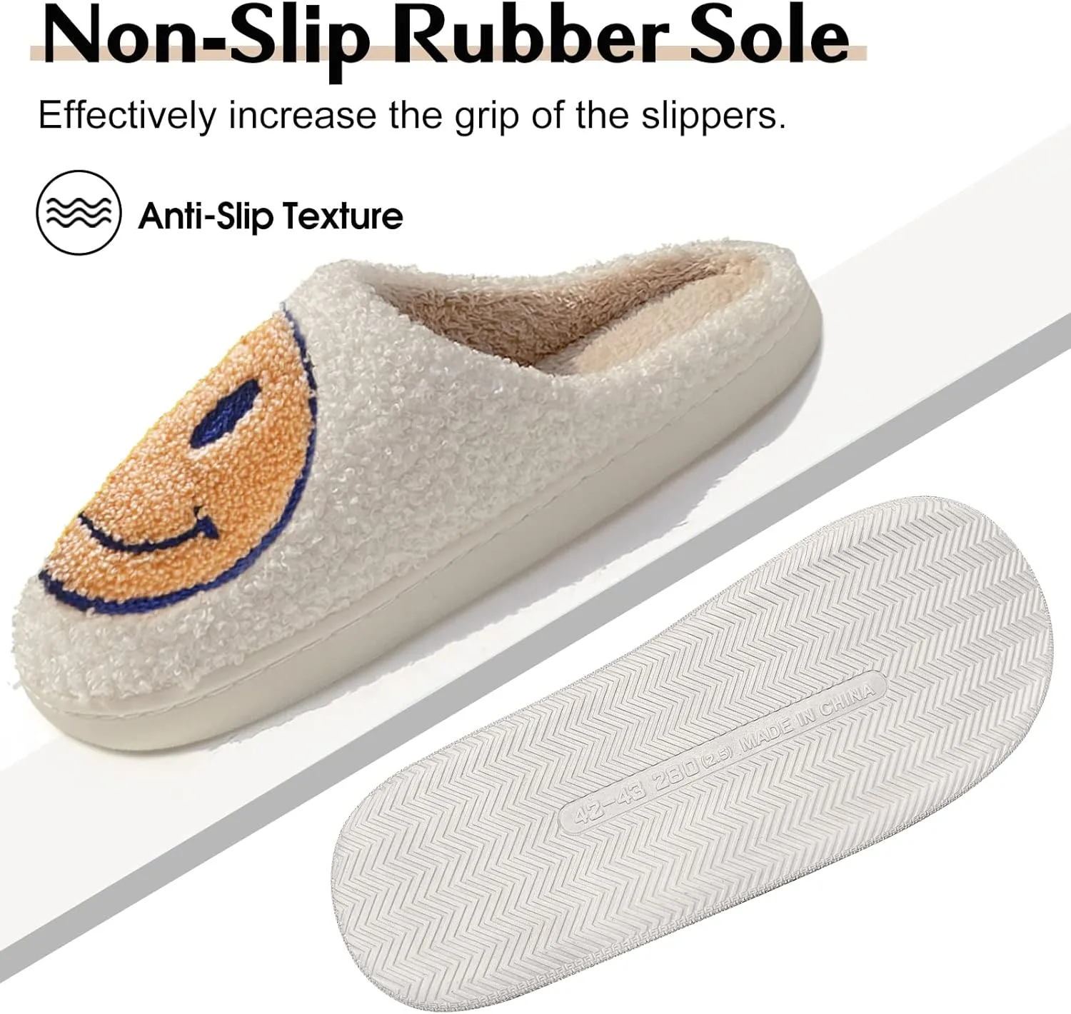 Smile Face Slippers for Women - Soft Plush Retro Preppy Slip-on Comfortable Indoor/Outdoor Shoes