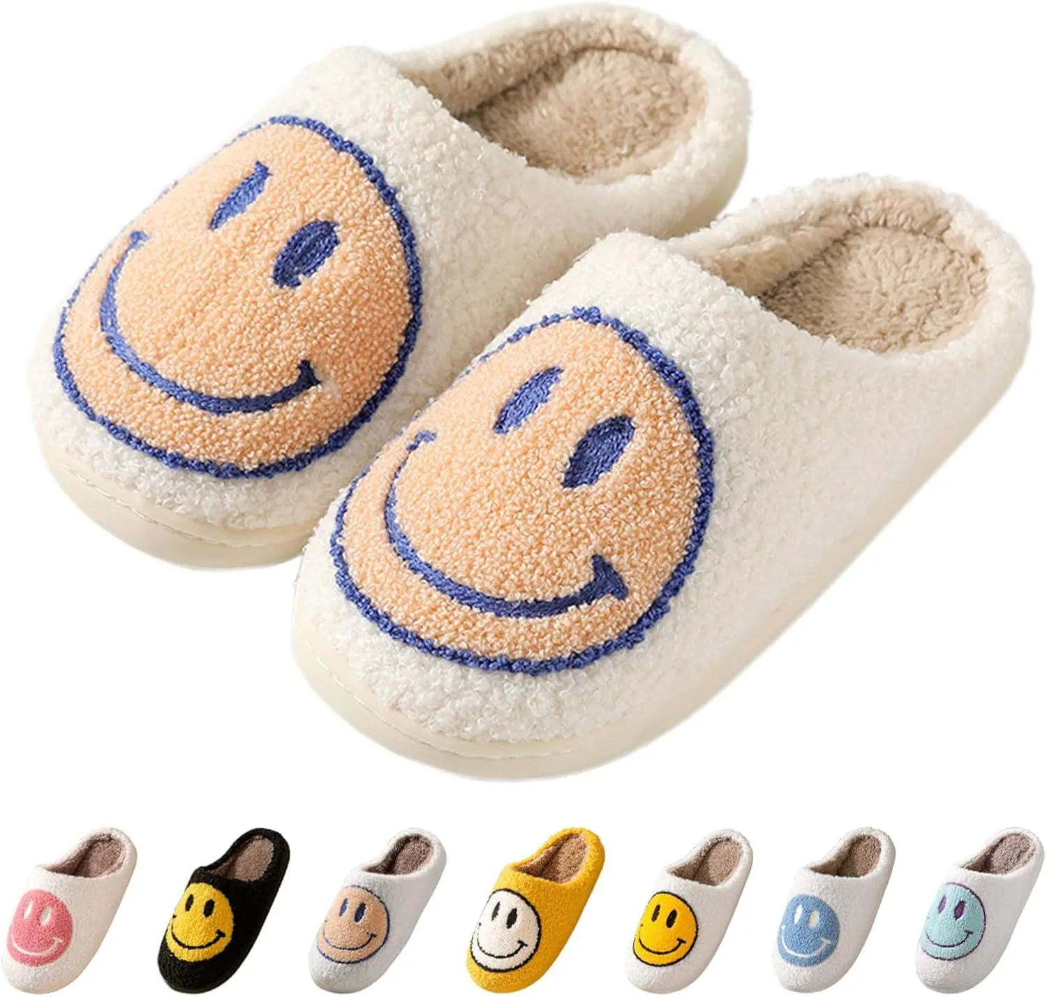 Smile Face Slippers for Women - Soft Plush Retro Preppy Slip-on Comfortable Indoor/Outdoor Shoes