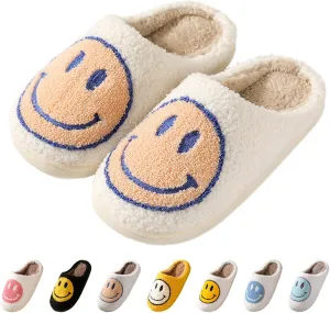 Smile Face Slippers for Women - Soft Plush Retro Preppy Slip-on Comfortable Indoor/Outdoor Shoes